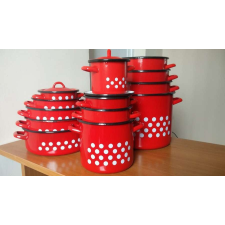 Zománcozott retro fazék fedővel, 8L, piros, pöttyös edény