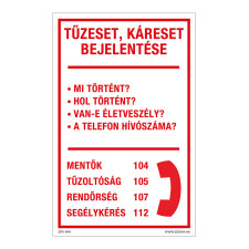 ZSONA DEKOR Tűzeset, káreset bejelentése Műanyag tábla 160x250 mm információs címke